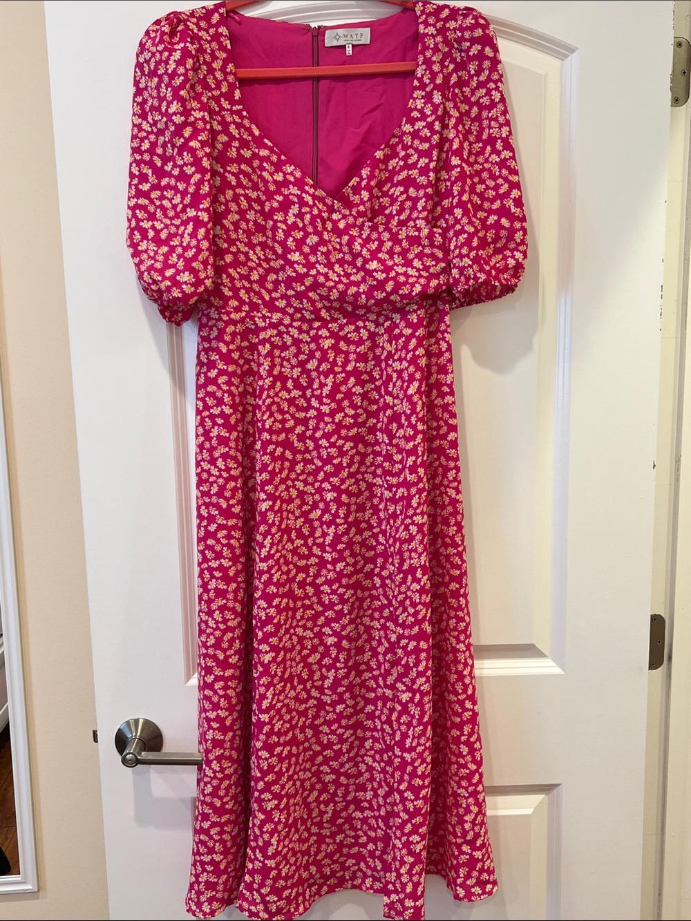 Wayf Fuchsia Floral V-Neck Midi Dress